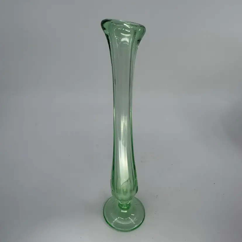 Vtg Depression Glass UV Reactive Footed Paneled Swung Bud Vase 9"