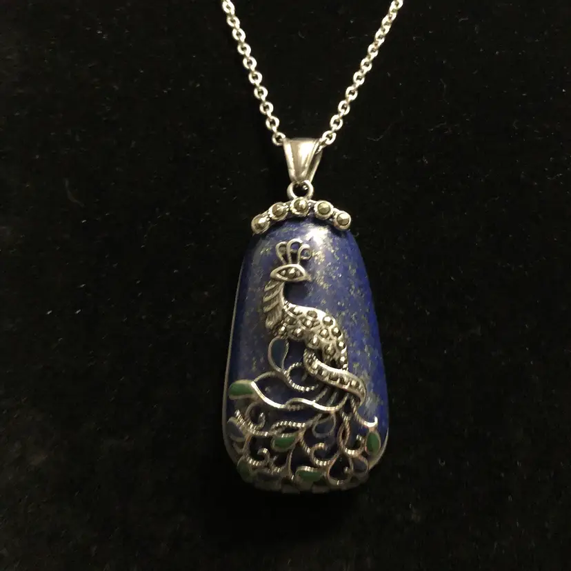 Stainless Steel Lapis Lazuli & Marcasite Peacock Pendant on Silver-Tone Necklace