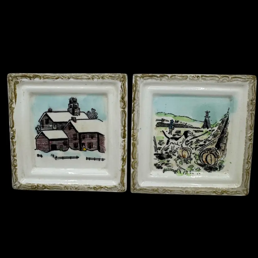 Pair of vintage Ucagco ceramic decorative wall plaques. 4” Square, Holes For Hanging In Top Edge