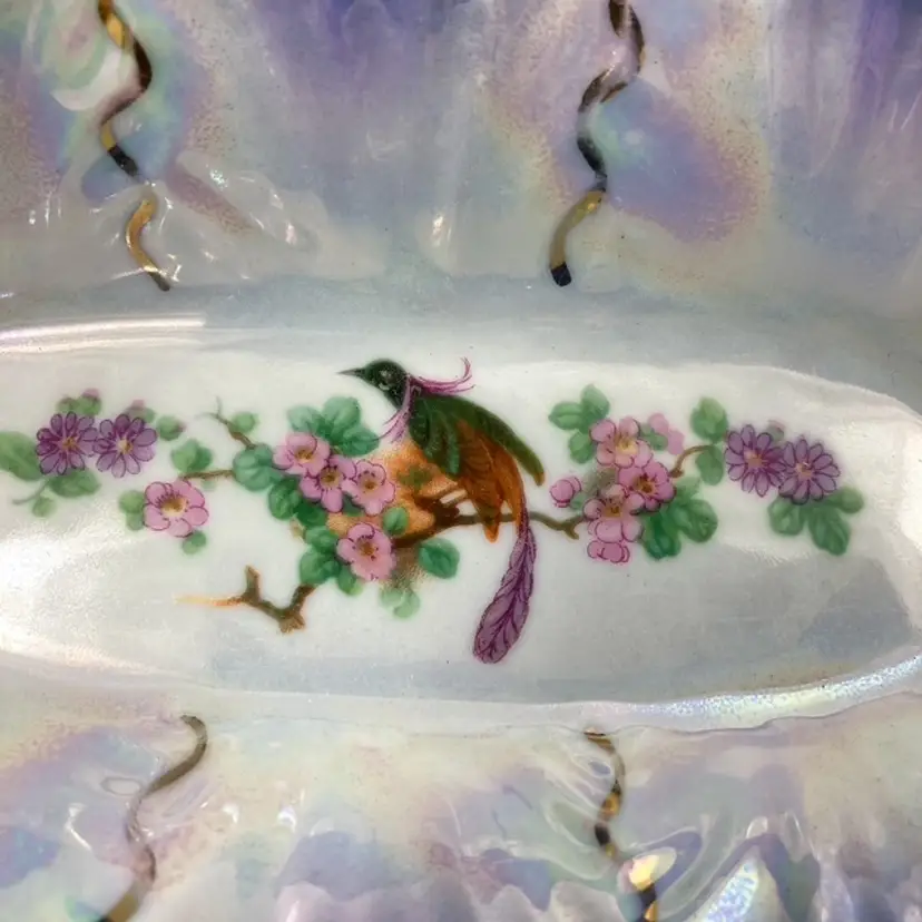 Iridescent Lusterware Art Deco Style Relish Celery Porcelain Trinket Dish w Bird
