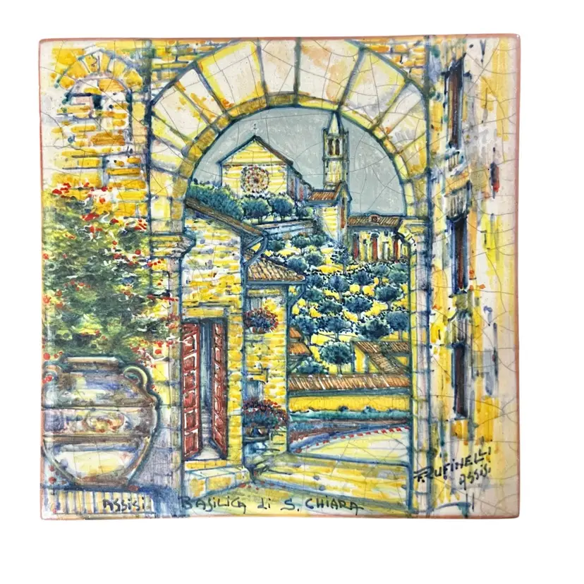 Rare Mid-Century Hand-Painted Italian Tile by Franco Rufinelli – Basilica di Santa Chiara, Assisi – Signed 10” Ceramic Art, Vintage Italian Wall Decor