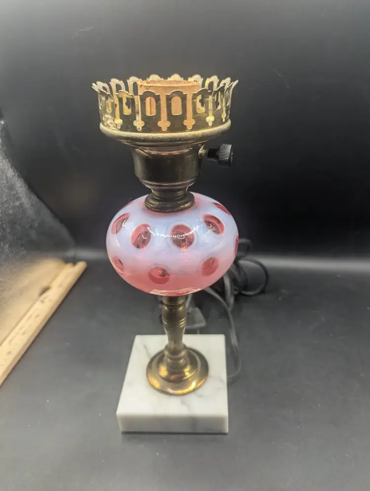 Vintage Fenton Cranberry Opalescent Red and Pink Coin Dot Boudoir Lamp.