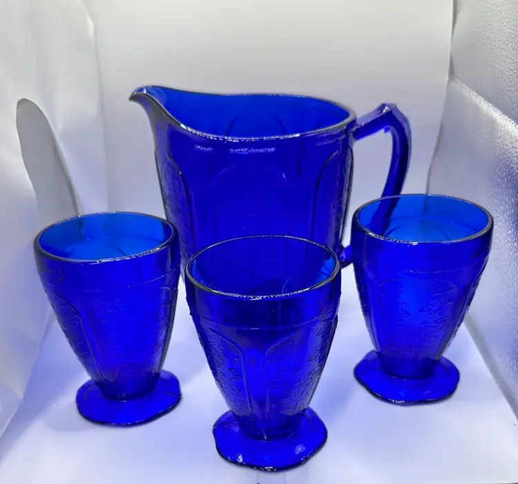 COBALT BLUE CHERRY BLOSSOM 1PITCHER AND 3 GLASSES SET