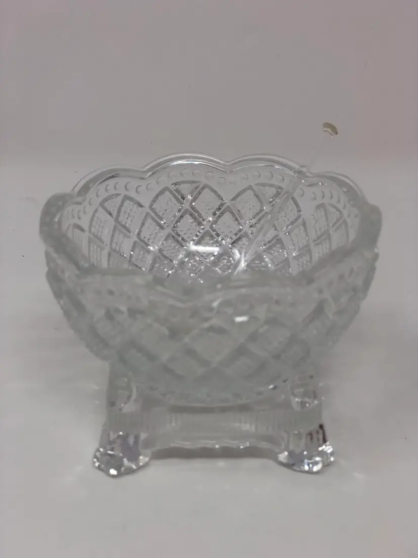 Fostoria for Avon Footed Square Pedestal Bowl with Scalloped Rim and Glass Spoon