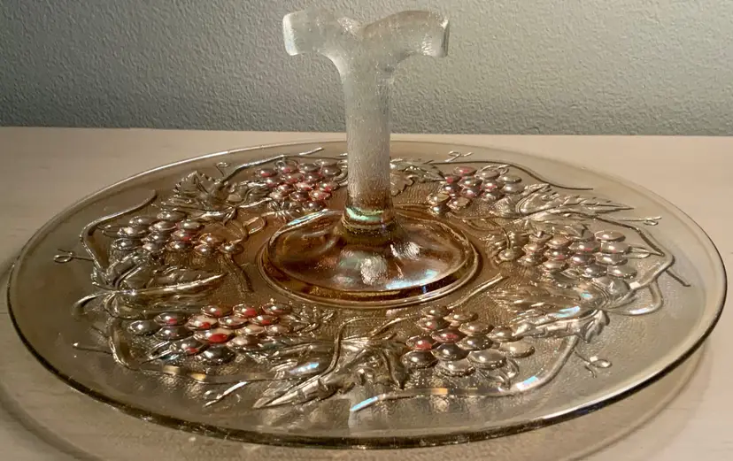 Vintage 1940’s MCM Tidbit Tray Iridescent Marigold Carnival Glass Embossed Grape Design, Snack Tidbit Tray Plate With Center Handle, Elegant Kitchen & Dining Decor, By Imperial Glass, Made In Kinston, NC