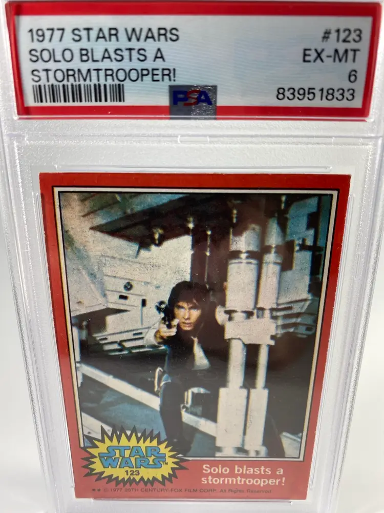 1977 Star Wars Solo Blasts A Stormtrooper! Trading Card PSA 6 EX-MT 