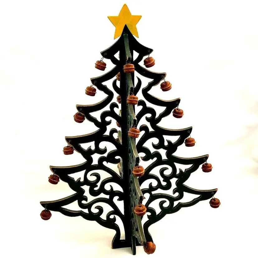 CHRISTMAS TREE Wood with Bells 14 1/2" Unbranded Vintage