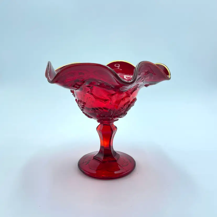 Ruby Red Embossed Holly Glass Compote Nut Candy Dish Glows Christmas