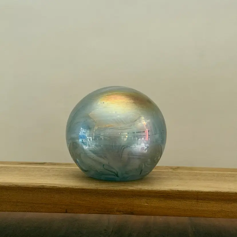 Tom St Clair Blue & White Iridescent "Earth Swirl" Round Paperweight