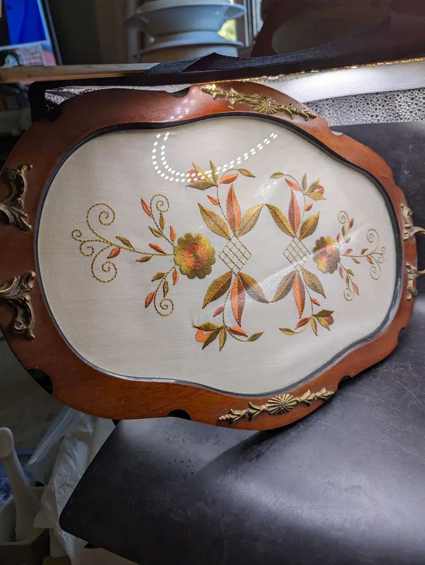 Vintage Wood Orange Gold Flowers Embroidered Linen Brass Handled Vanity Tray 18”x 12”