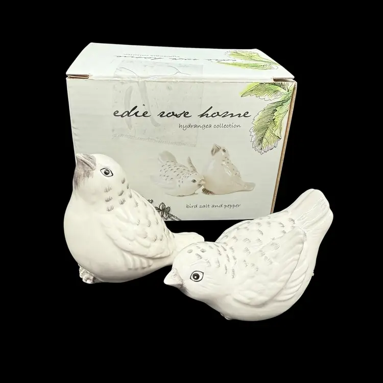 Edie Rose Home White Birds Salt & Pepper Shakers in Box Hydrangea Collection