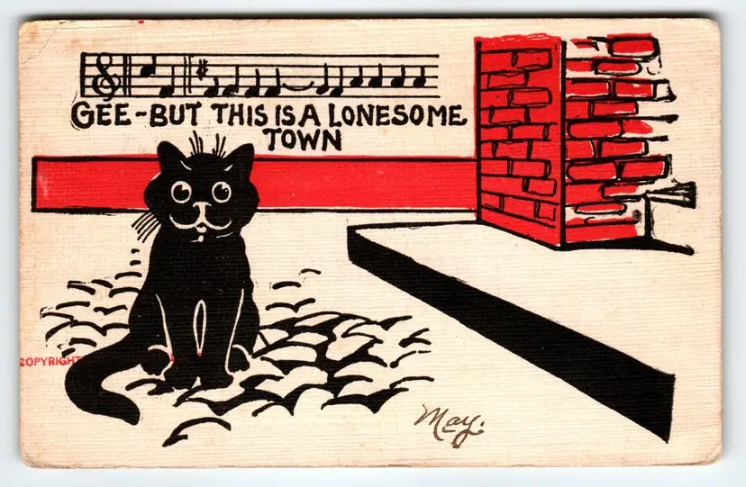 Black Cat Seated Kitten Postcard But This Is A Lonesome Town Music Notes 1907