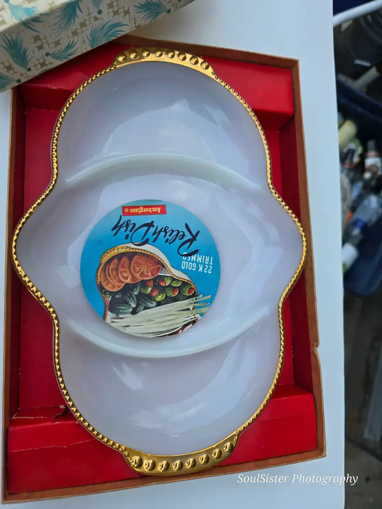 Vintage milk glass relish tray Anchor glass Fire king new old stock absolutely rare find with original label attached  and in original box - excellent vintage cond