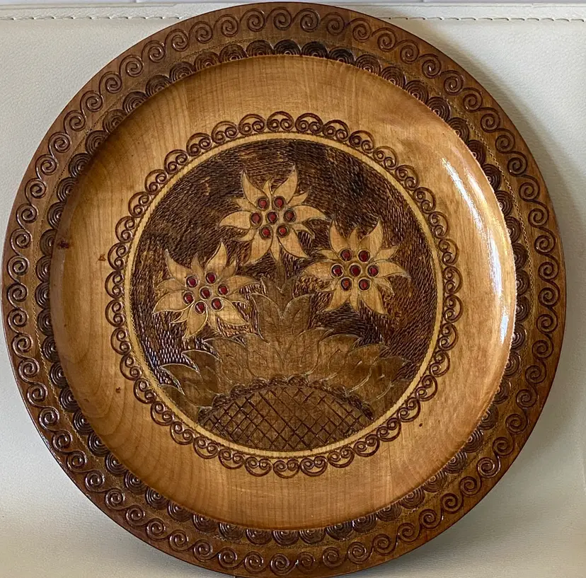 Vintage Polish Carved Wood Plate, Floral & Scroll Design, 11.5" Diameter