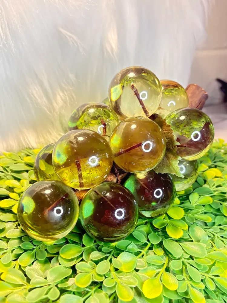 Vintage Lucite Acrylic Green Grape Clusters On Wood