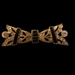 1928 Gold Tone Black Baquette Rhinestones, Open Work Design White Rhinestones Bar Brooch