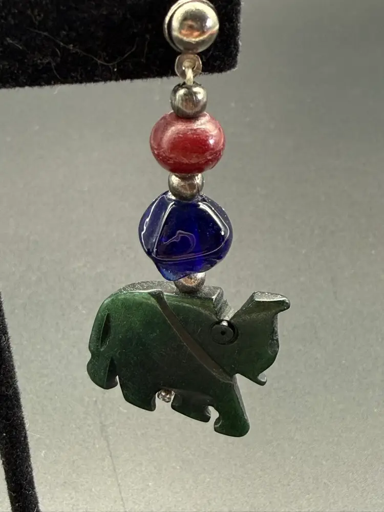 Vintage Artisan Made Earrings Green Hand Carved Elephants Blue Red Beads 2.5"