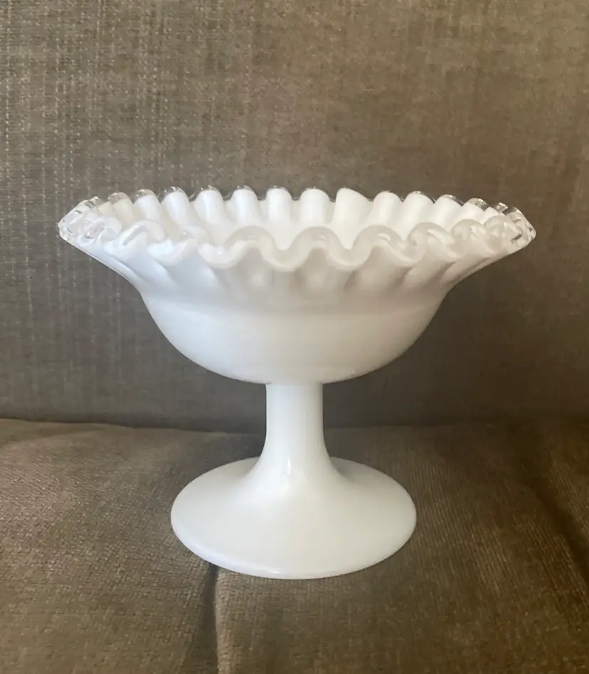 Fenton White Milk Glass Silver Crest Ruffled Vintage Pedestal Compote Candy Dish. Trinket Dish.