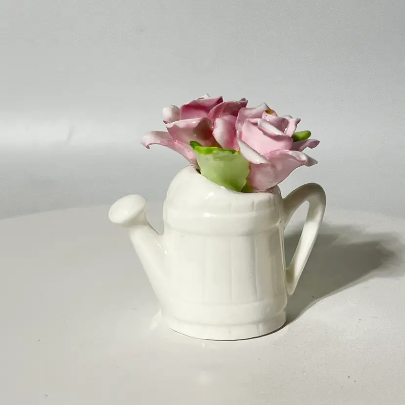 Vintage Lefton miniature Watering Can Flower Figurine Royal Dover Bone China