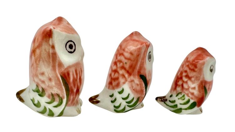 Set of 3 Vintage Papa Mama Baby Owl Bird Family Miniature Ceramic Figurine Japan