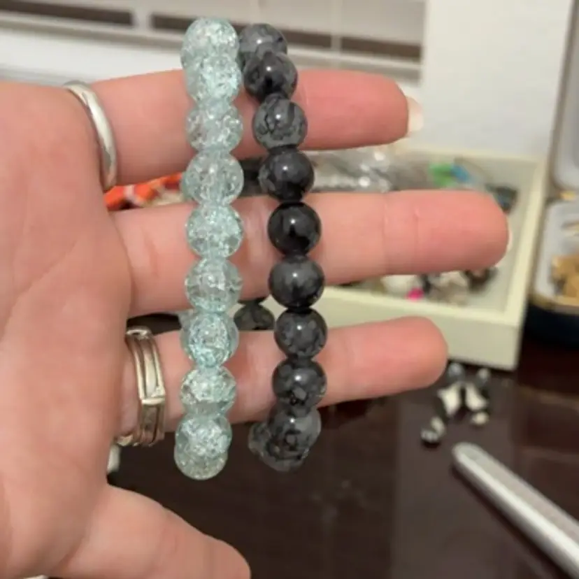 Stretchy crackle Glass Bead and black splotchy glass Bracelets