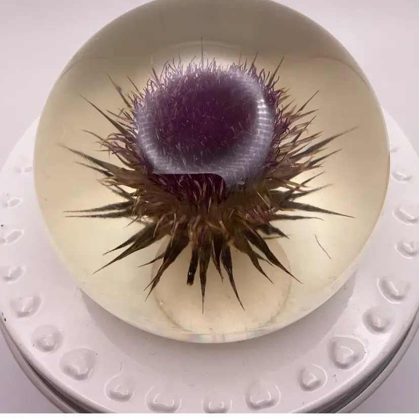 AS IS VTG Tarax Infinity Purple Milk Thistle Lucite Domed Paperweight 2.25” GLOWS