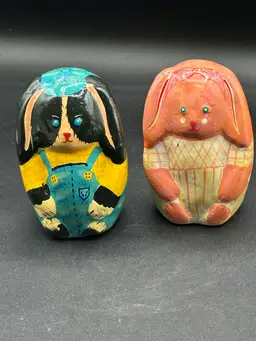 Vintage Hand Painted Ceramic Country Folk Art Easter Bunny Set Boy & Girl India