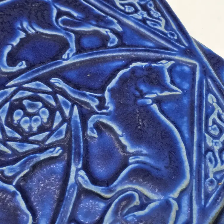 Pewabic Detroit Pottery tile Medieval FOX 12-point rare blue wall hanging 8"