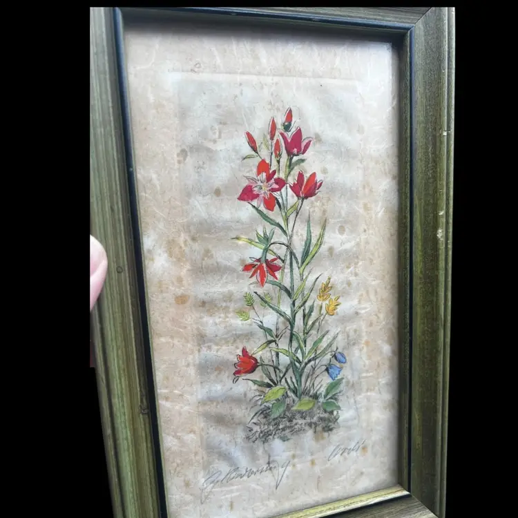 #338B Beautiful Vintage Framed Watercolor Botanical 
Print? Signed 
Has Condition Issues But It Is A Fabulous Piece