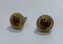 Vintage Unbranded Gold Tone Round with Brown/Dark Amber Faux Gem Cufflinks