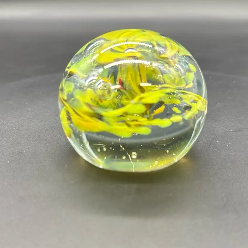 Art Glass Green And Yellow Swirl Paper Weight