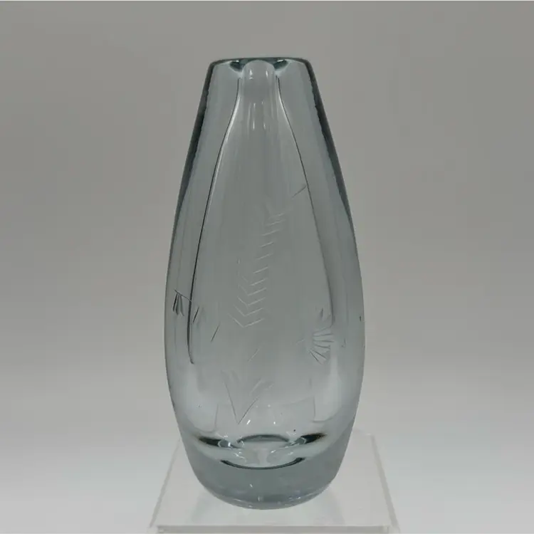 #01 Vintage Light Blue Glass Bud Vase With With Floral Engraved Very Adorable Has Some Glow