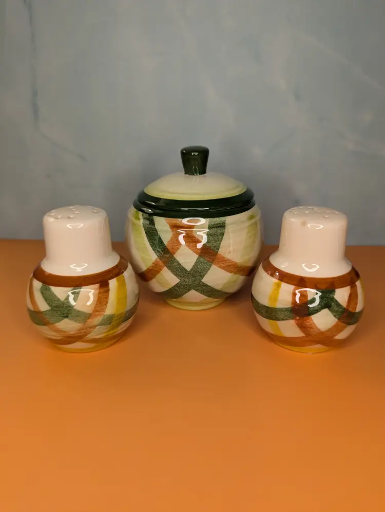 Vernonware Plaid Salt & Pepper and Sugar Bowl with Lid Made in USA
