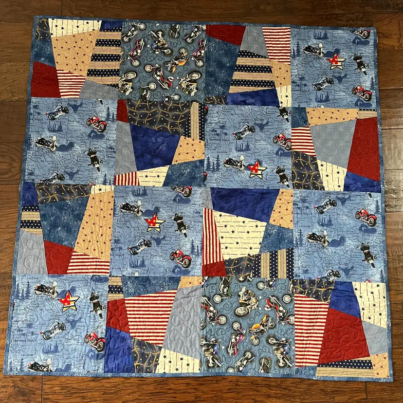Motorcycle Harley Indian Rally Patriotic Lap Quilt - Stack N Wack Pattern Red White & Blue 42" x 42"