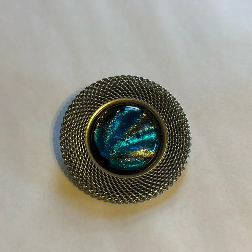 Silver Tone Dichroic Glass Brooch C Clasp 2 1/4”