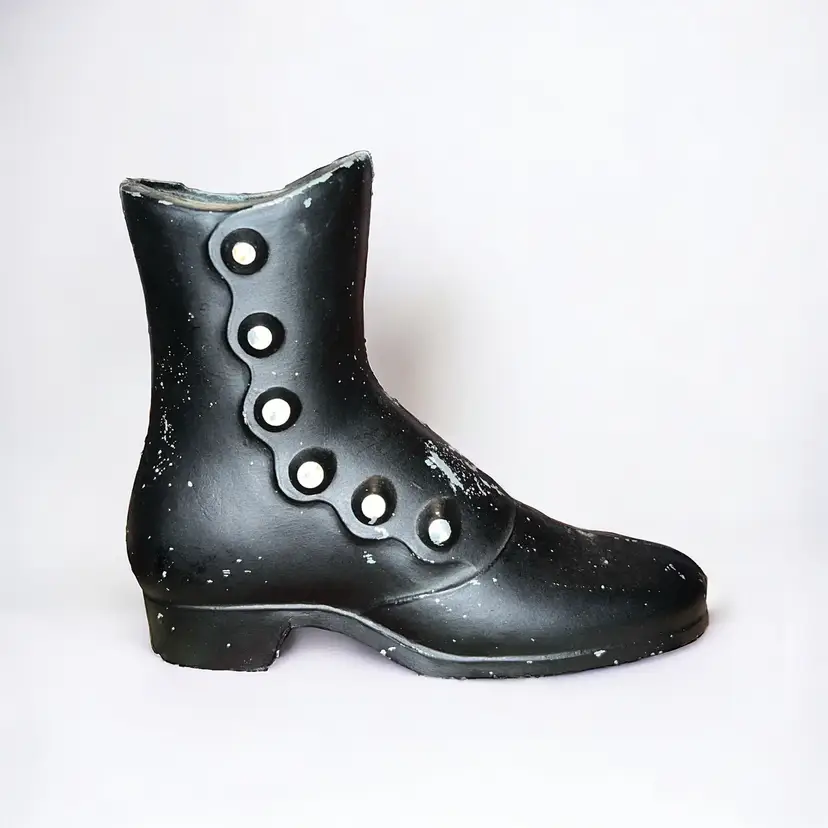 VTG Cast Metal Black Victorian Button Up Witch Boot Shoe Vase Planter Decor Emig