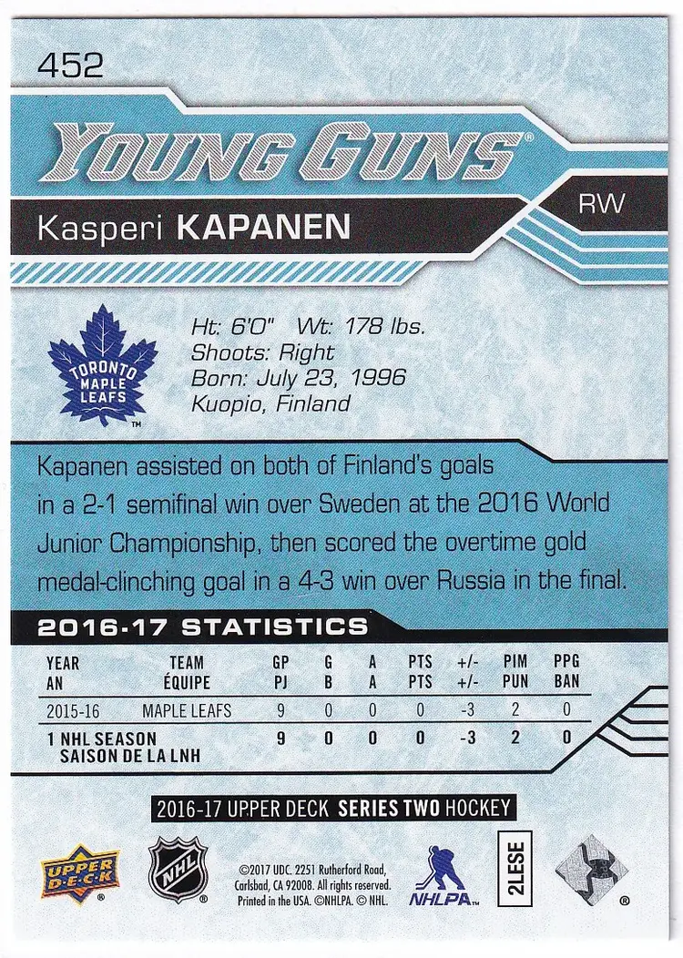 2016-17 Upper Deck #452 Kasperi Kapanen YG RC Toronto Maple Leafs Hockey Card