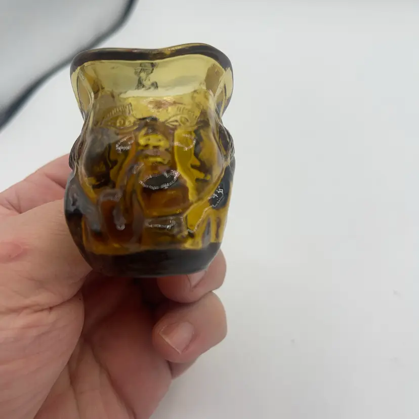 Vintage Toby Small Amber Creamer Or Toothpick Holder glass colonial face 2in high