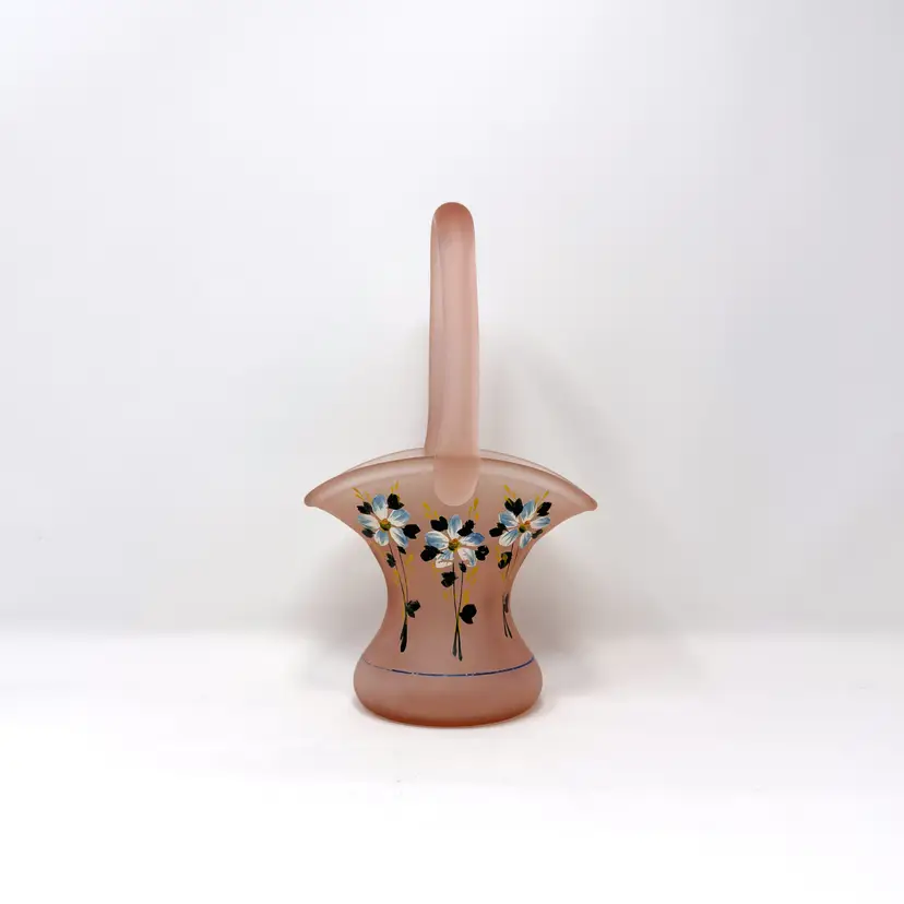 Fenton Pink Satin Glass Basket Vase with Hand-Painted Florals  (0004-25)