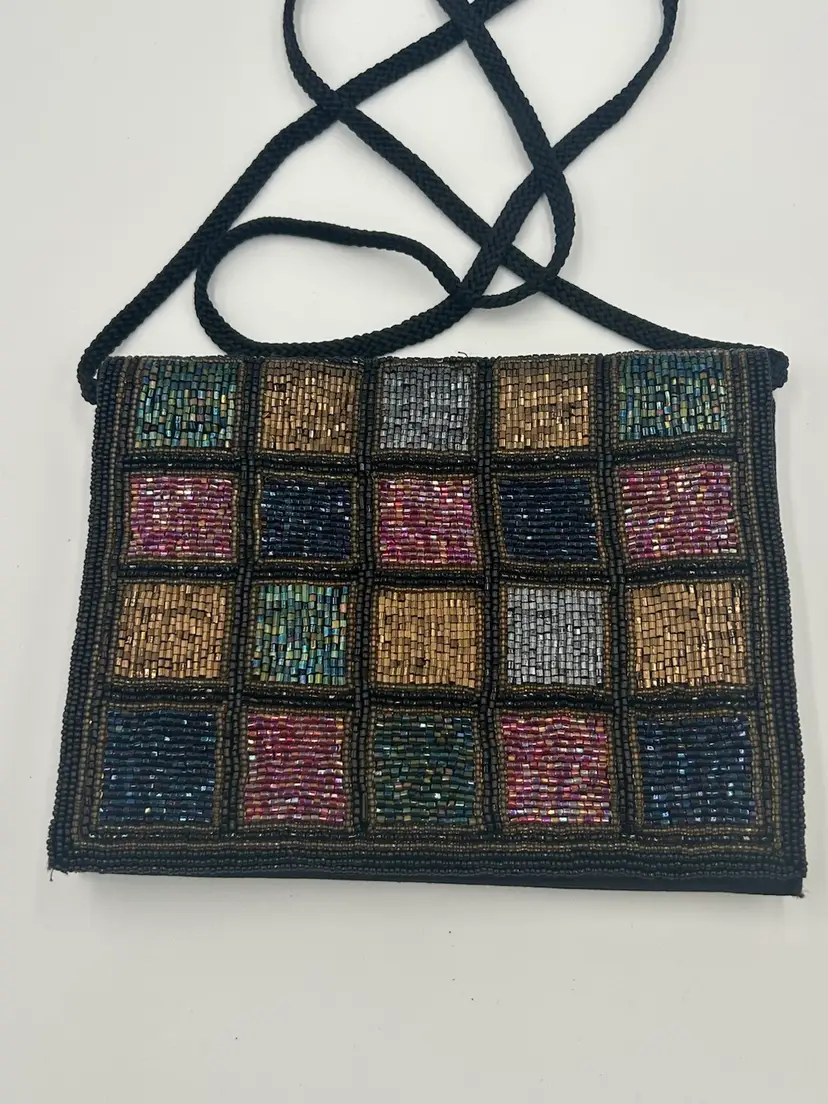 Vintage La Regale Beaded Evening Purse, Black With Rainbow colored squares