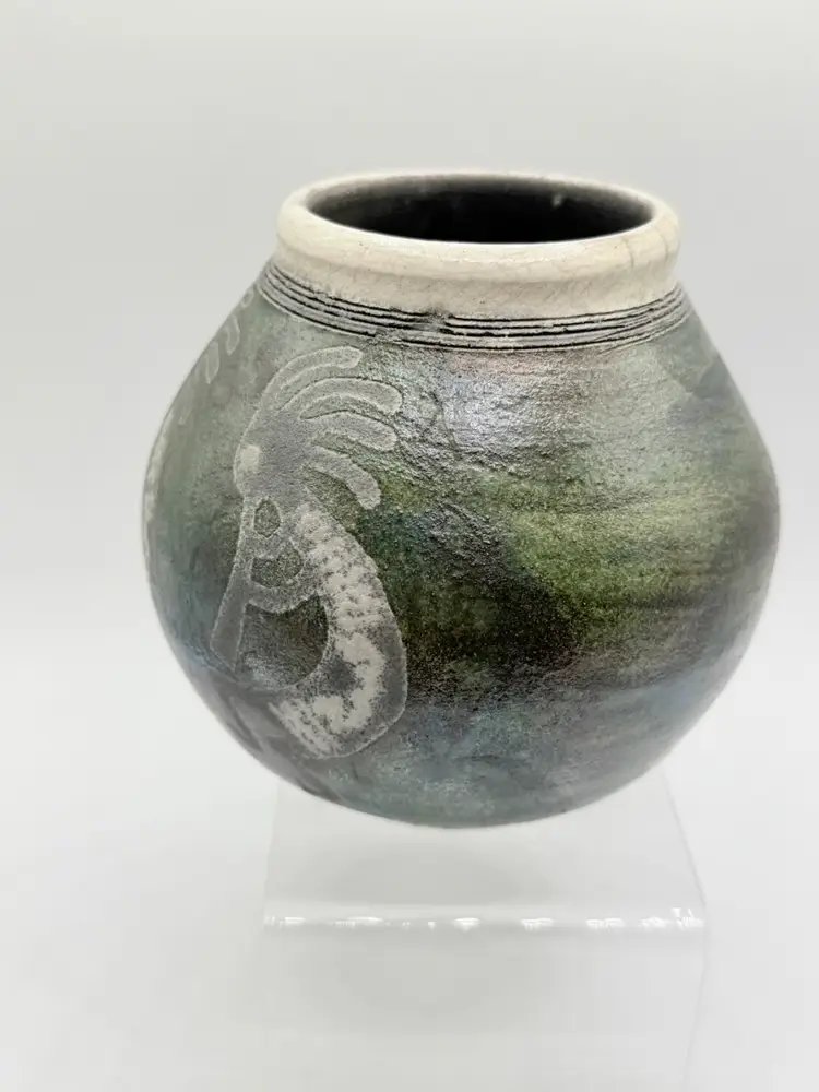 Vintage 2004 Ben Diller Raku Pottery Kokopelli Trio Southwest Signed Vase Iridescent