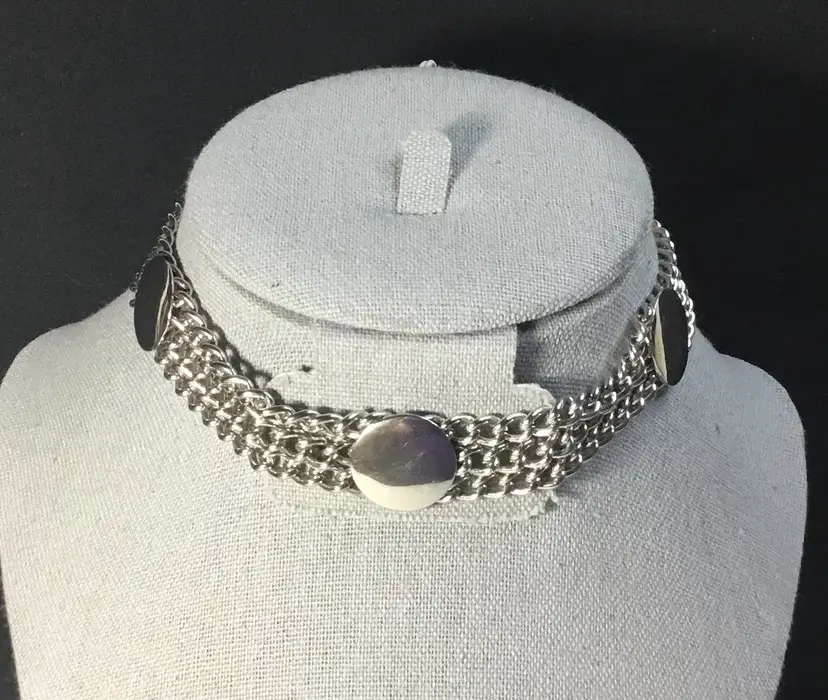 Necklace, silver tone choker/dog collar, multi chain & discs 15"