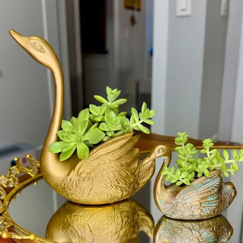 1970s Vintage Hollywood Regency Brass Swan Planters. Momma 7” tall 6.5” wide Baby 3” tall 4” wide