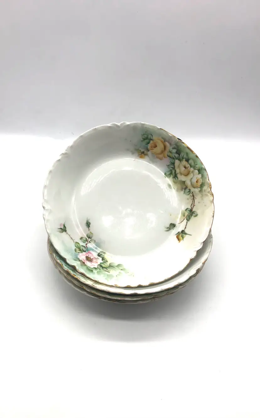 Four Gorgeous Haviland Yellow and Pink Roses Unknown Pattern Shallow Bowls