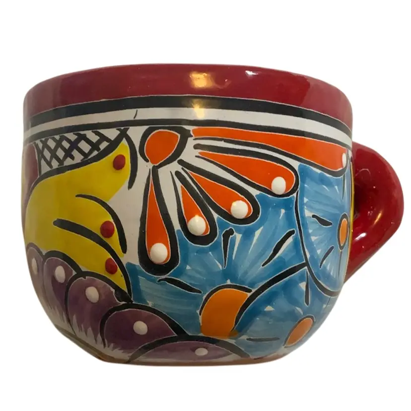 5” Diameter By 4” Colorful Hand Painted Talavera 32 Ounce Coffee Tea Or Soup Mug Or Planter Features Red Rim