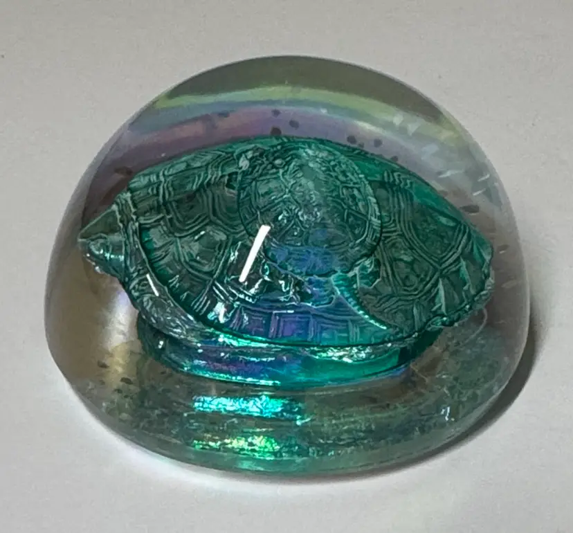 Iridescent Glass Turtle Paperweight signed Sid (Sidney Garrett) 3.25” diameter