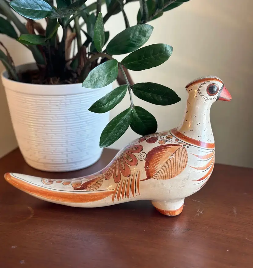 Vintage Tonala Mexican Folk Pottery Quail Bird Orange Floral.