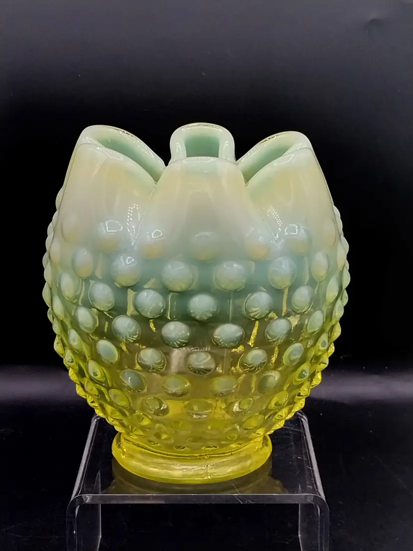 VERY RARE Fenton Topaz Opal Hobnail Cupped, Pinched Vase, GLOWS! c1940s!