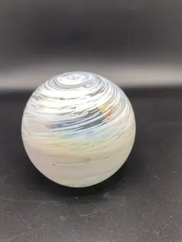 Iridescent Frosted White And Clear Swirl Art GlassPaper Weight.