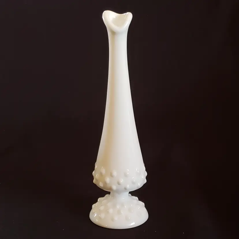 Milk Glass Hobnail Swung Hand Blown Glass Bud Vase 9½" Tall Fenton Vintage